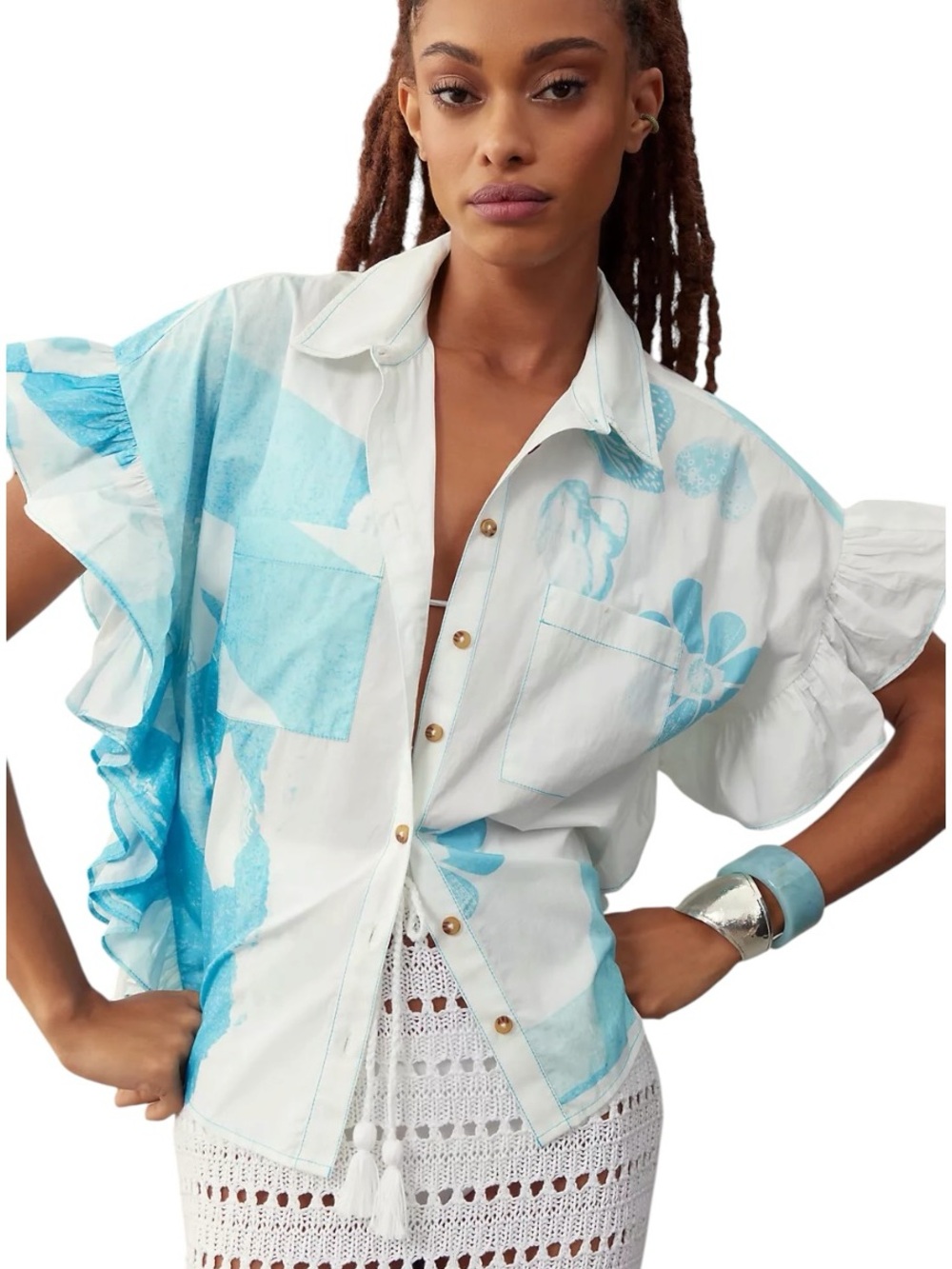 Anthropologie Pilcro x Anne Guest Cyanotype Ruffle Sleeve Button Down Blouse L